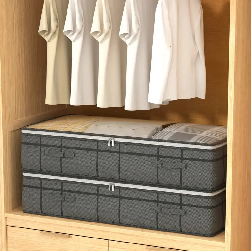 Under-bed clothes storage bags, 2-pack, large gray fabric organizers with handles and zippers