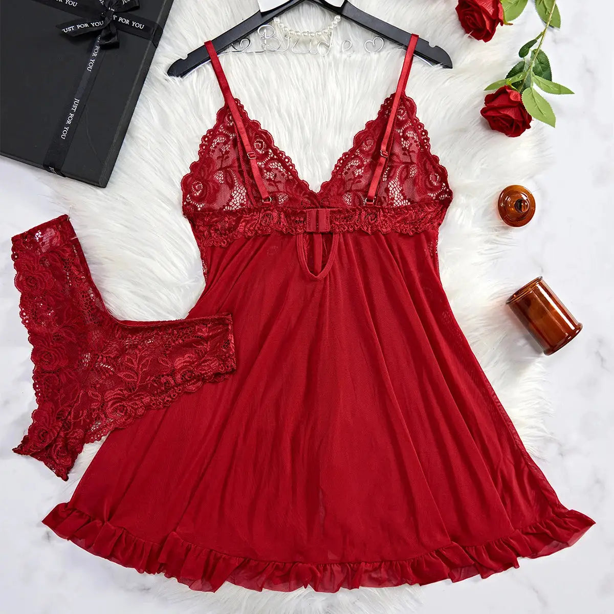 LaceAllure Summer See Through Lace Nightdress With Breathable Polyester Knit And Flattering V Neck
