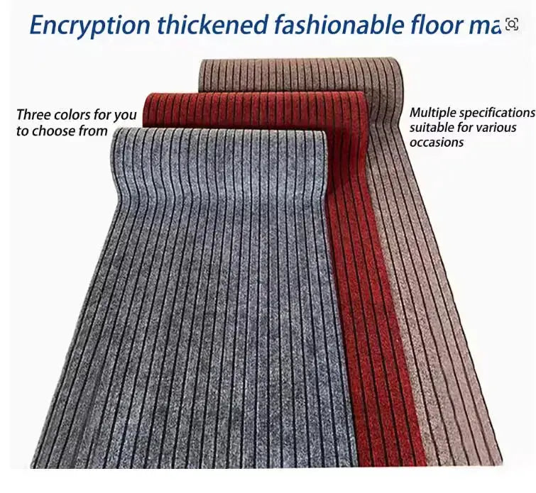 Polyester striped kitchen floor mat, non-slip and anti-fouling, strong adsorption; three color options.