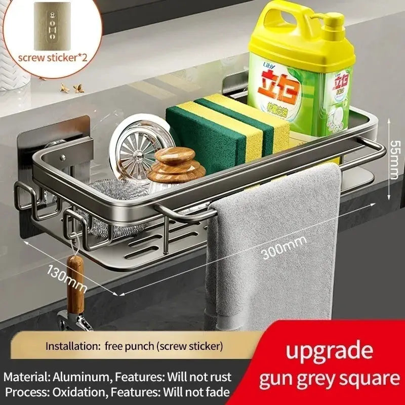 Simples Market multi-functional kitchen shelf and drying rack with mop storage and towel bar, no-drill wall mount.