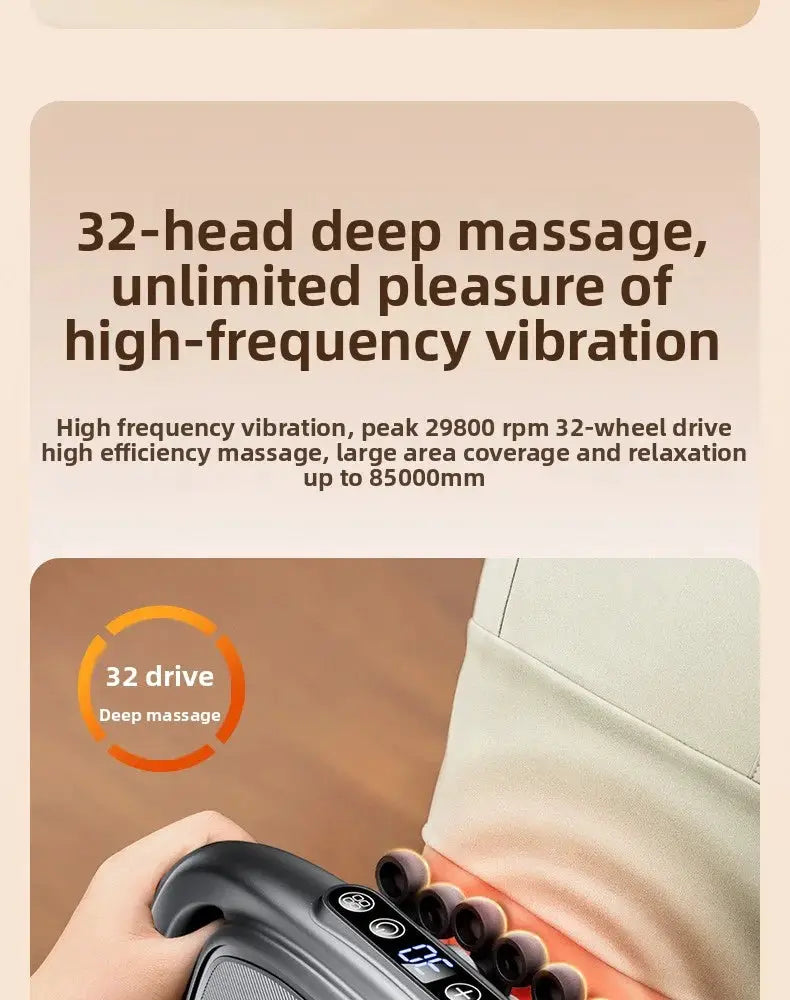 32-head massage gun by Simples Market, black wireless deep-tissue massager with interchangeable heads.