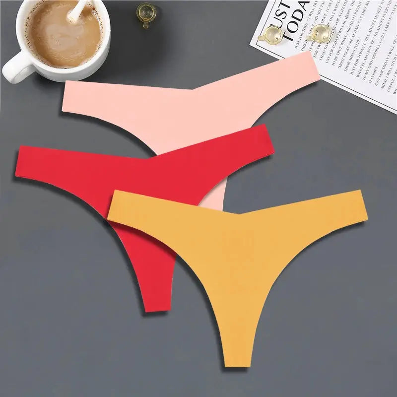 FINETOO 3-pack women's ice silk seamless V-waist thongs in peach, red, and yellow.