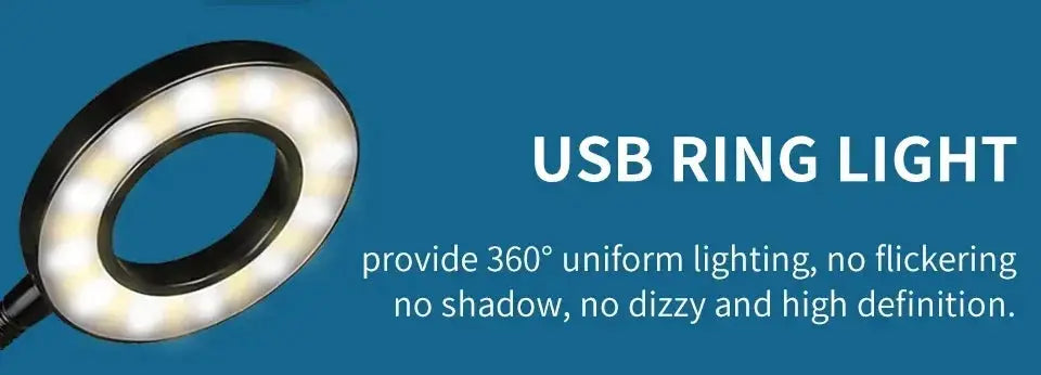 Black USB LED ring light for desk use with 360° uniform lighting