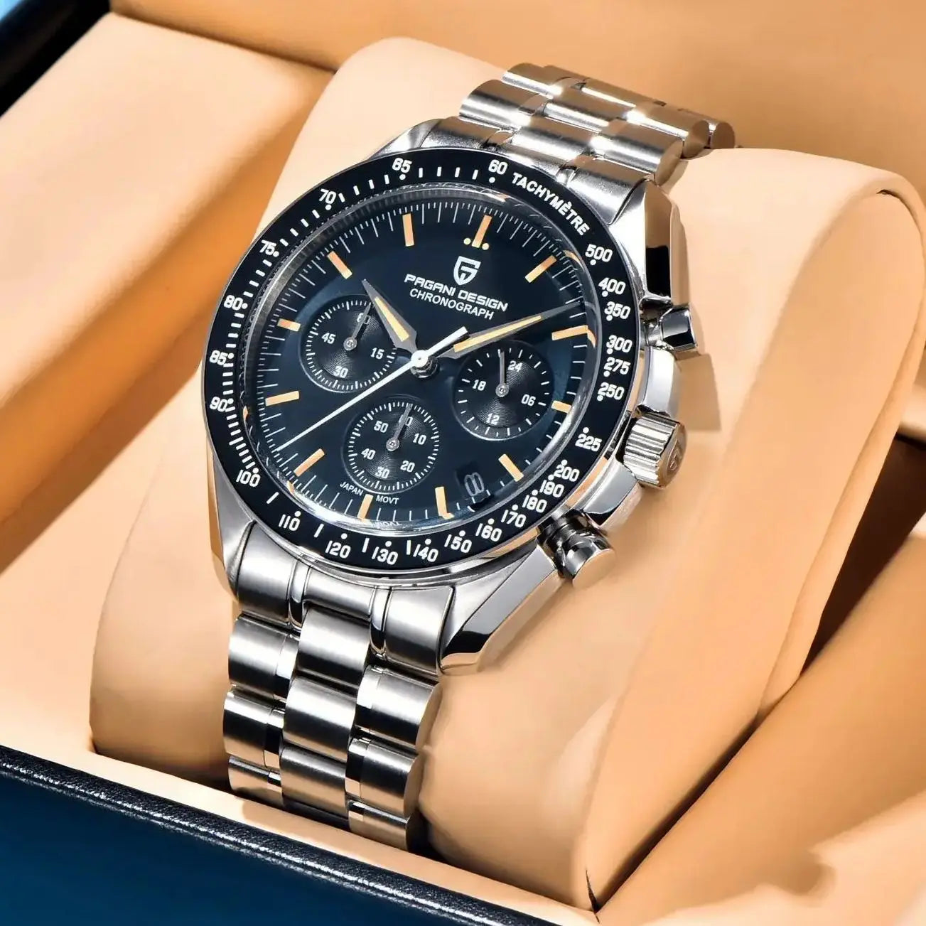 Pagani Design chronograph watch with stainless steel bracelet, black dial, tachymeter bezel