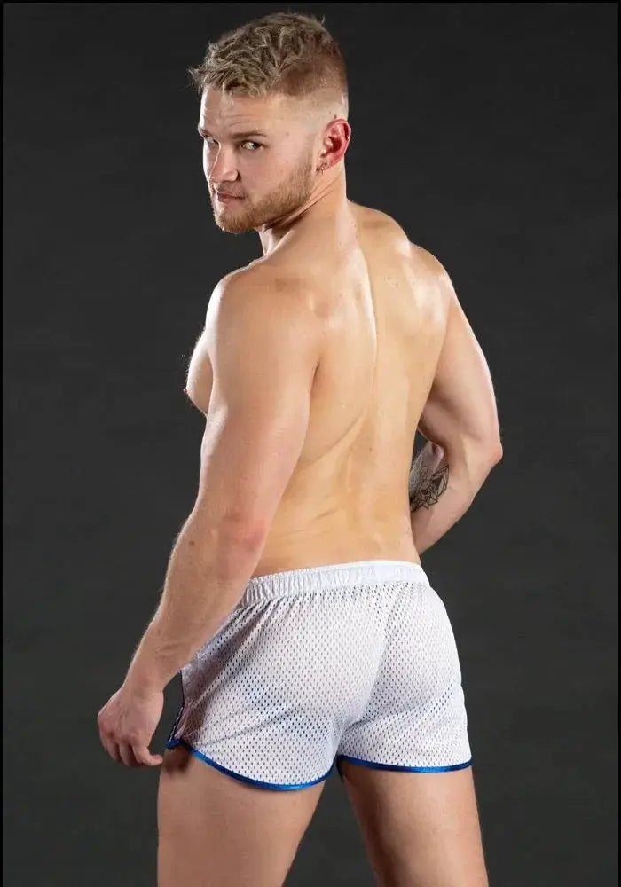 Men's white mesh gym shorts with blue trim; breathable quick-dry fabric