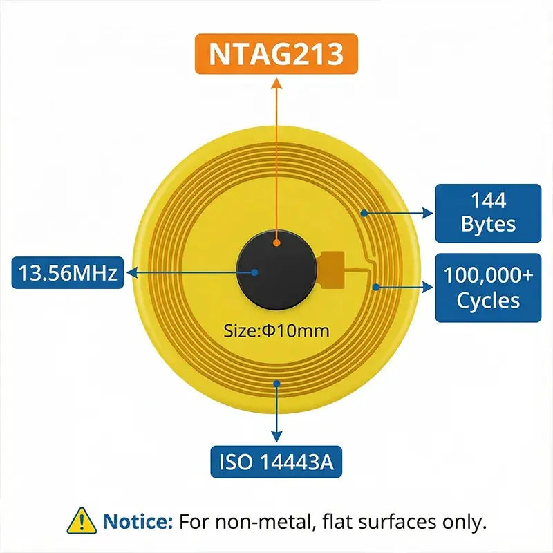 NTAG213 RFID NFC tag, yellow circular 10mm dia, 13.56MHz, ISO 14443A, 144 Bytes