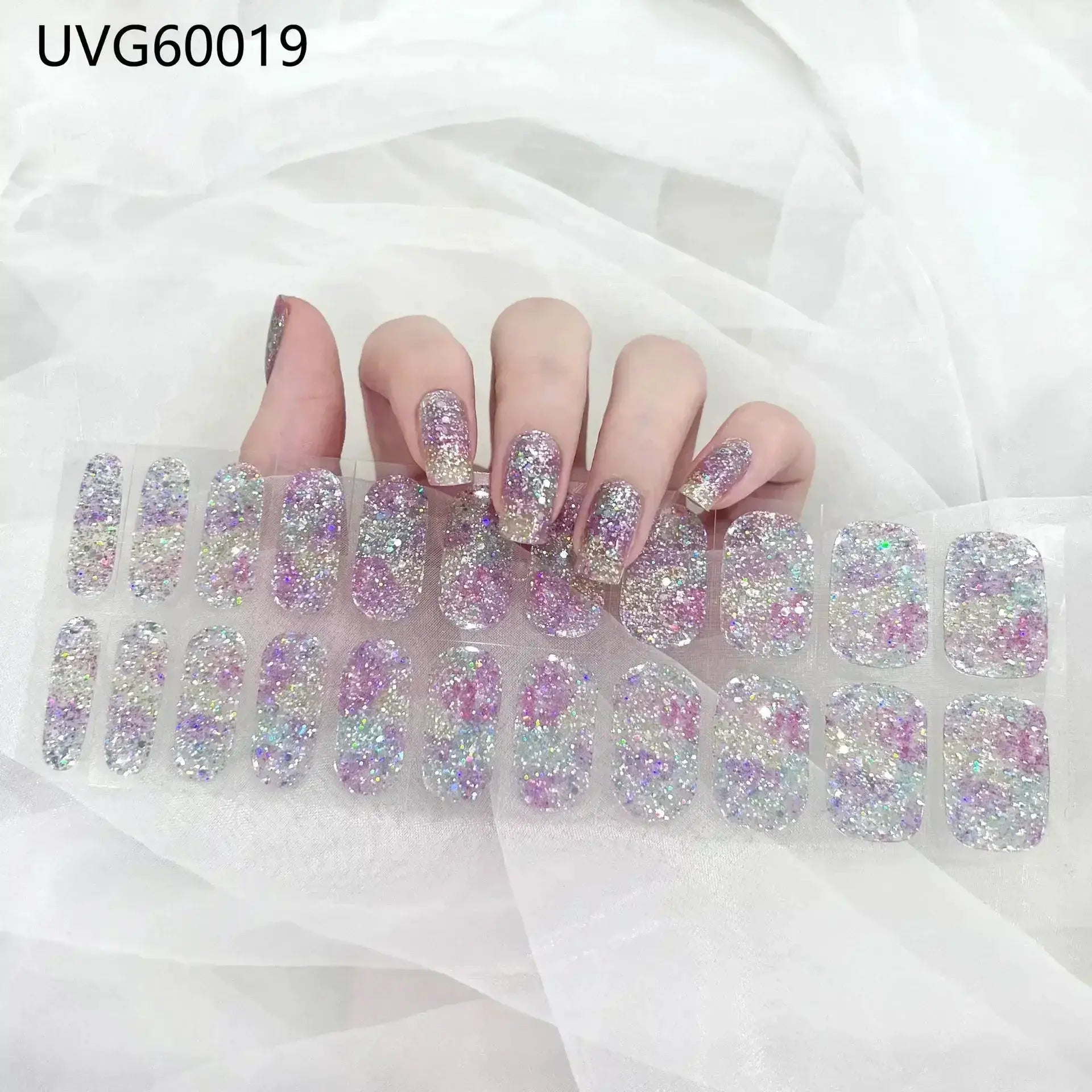 Gel nail wrap set with glittery full-coverage tips in 16/20/22 sizes for DIY waterproof long-lasting manicure