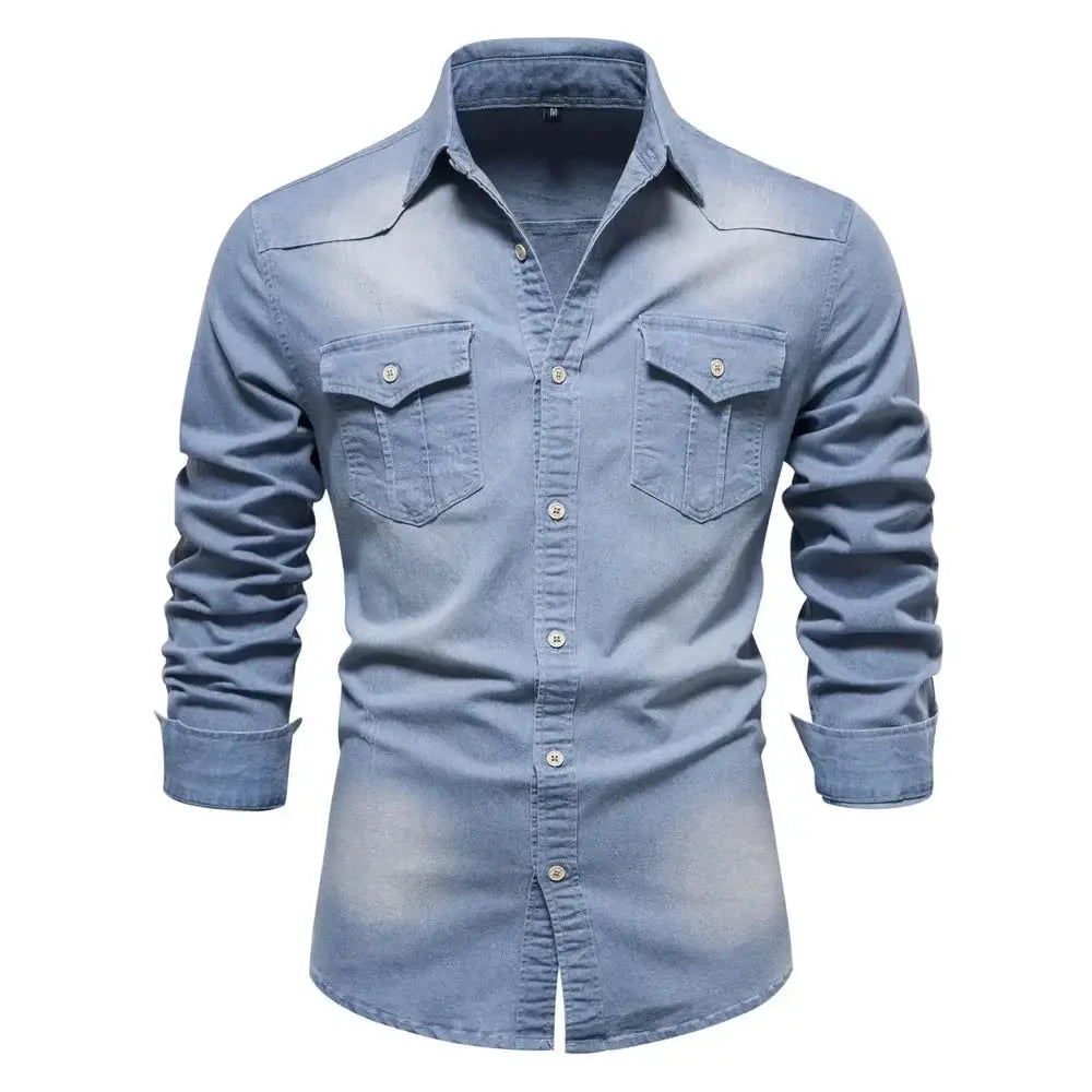 AIOPESON denim shirt for men by Simples Market, elastic cotton, light-wash blue, long sleeves, two chest pockets