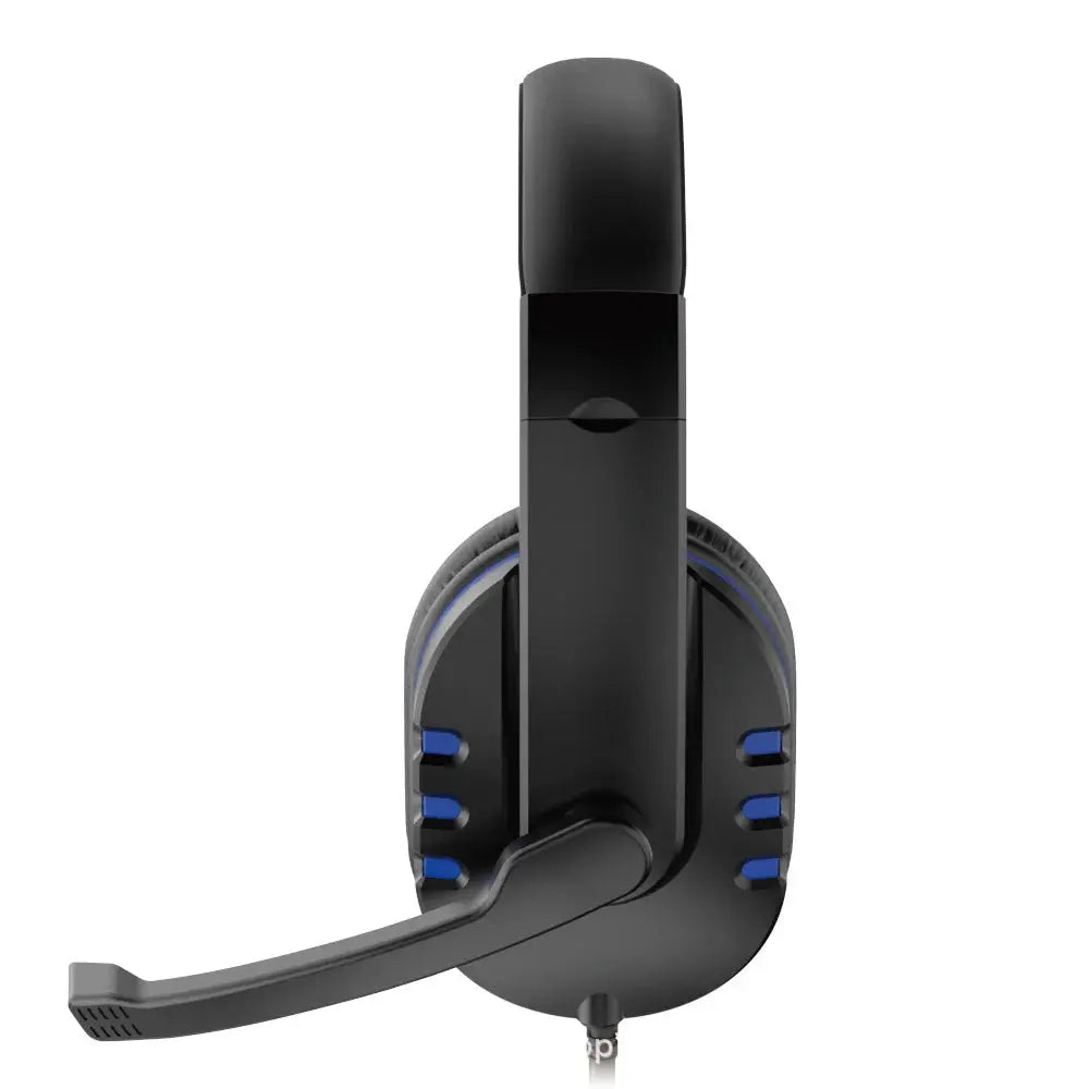 Gaming headset 3.5mm wired with microphone, black over-ear design with blue accents