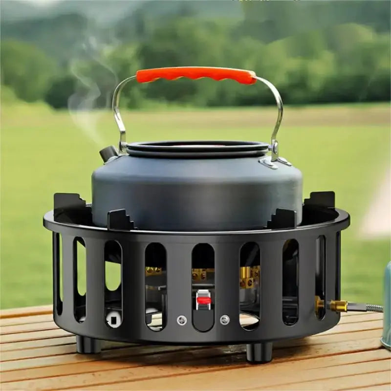 High-Power 7-Core 21000W portable camping stove with windproof ring and red handle