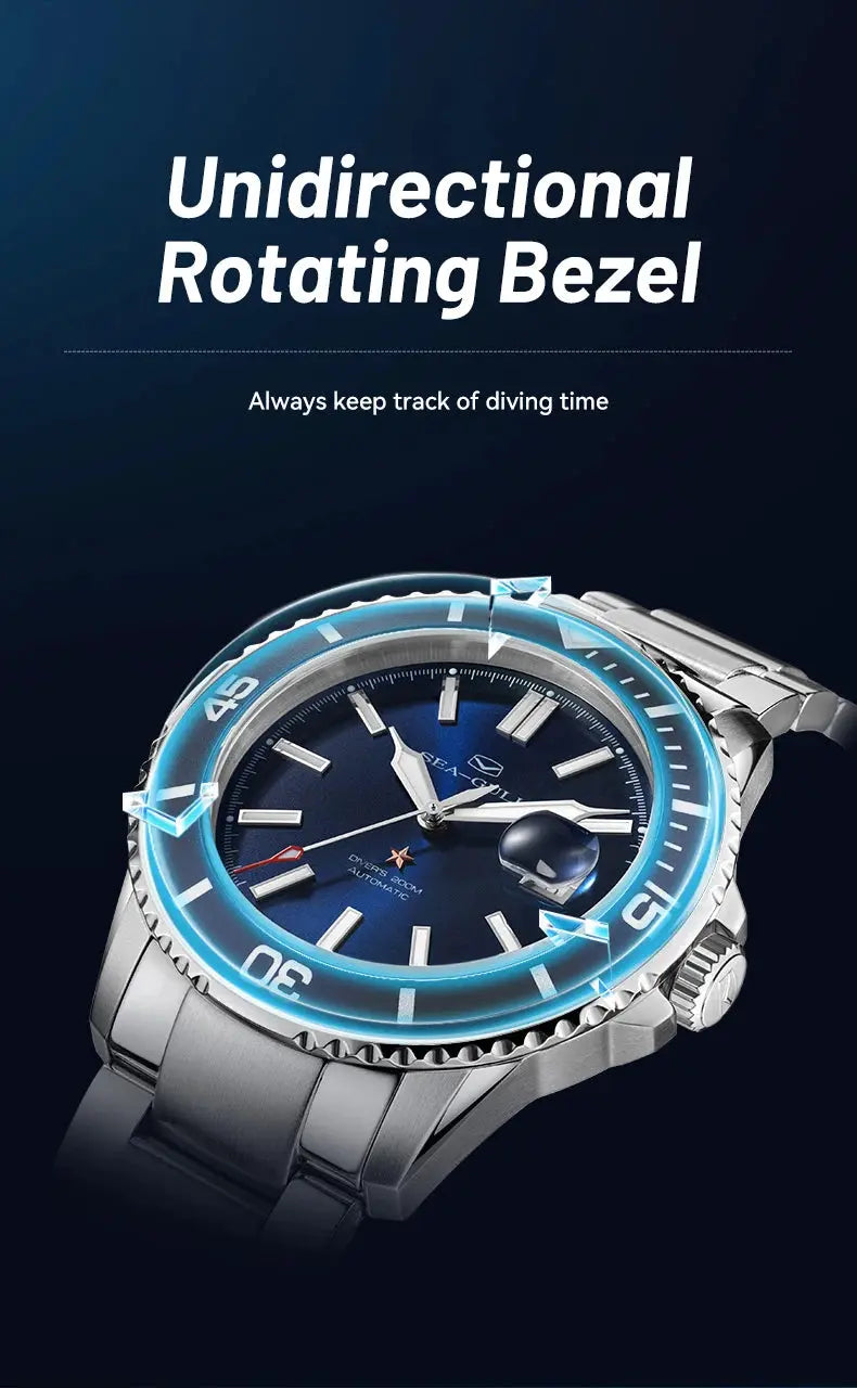 Seagull Relogio Masculino watch with blue dial, unidirectional bezel, stainless steel bracelet, 200m water resistance