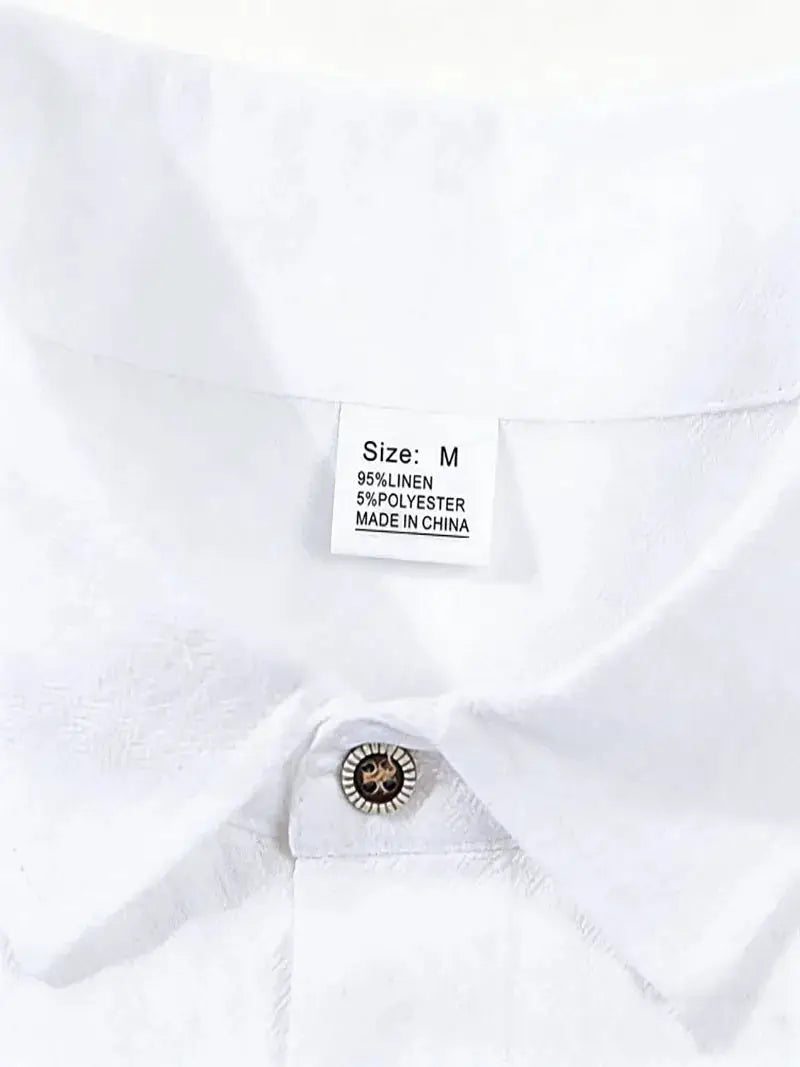 Men's white linen button-up shirt, size M; tag shows 95% linen, 5% polyester