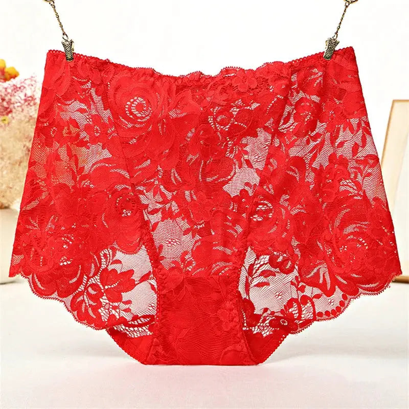 Red lace plus-size high-waist panties for women with floral pattern