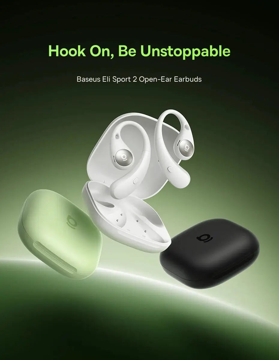 Baseus Eli Sport 2 Open-Ear Wireless Earphones in white with green and black charging cases