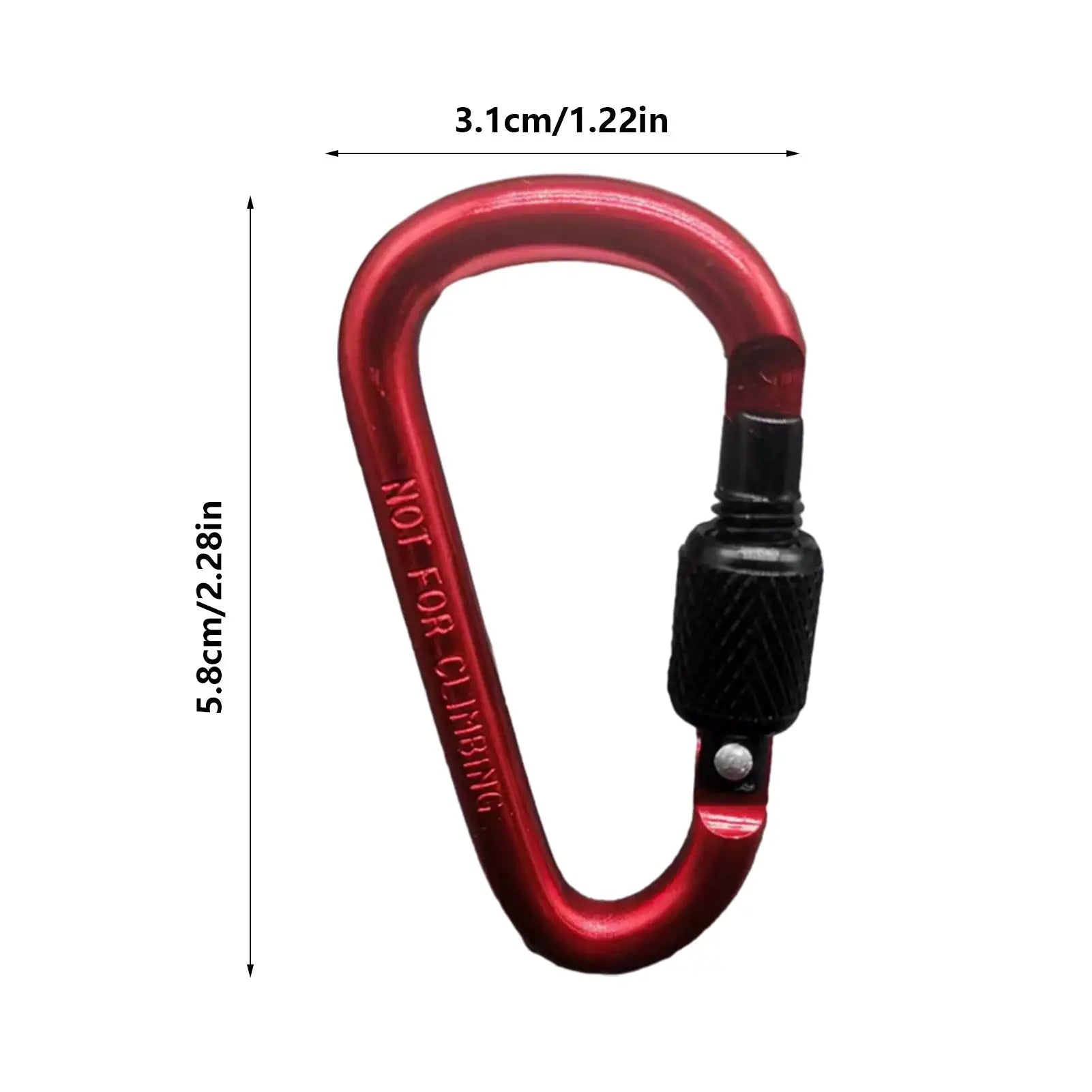 Double-clip red carabiner with locking sleeve and 360-degree swivel.