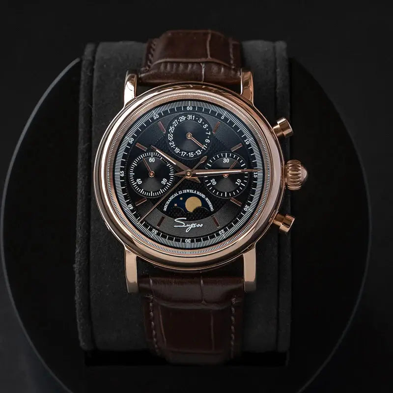 Sugess ST1908 men’s watch with rose gold-tone case and brown leather strap; black dial, moonphase and chronograph subdials.