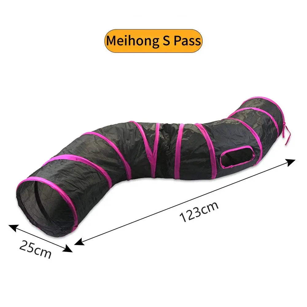 Cat tunnel by Simples Market, foldable black play tunnel with pink trim, 123 cm long, 25 cm wide