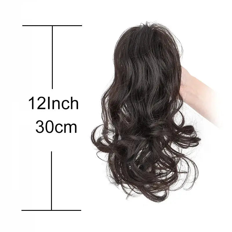 Ponytail extension, 12-inch synthetic clip-in with dark brown loose curls for women