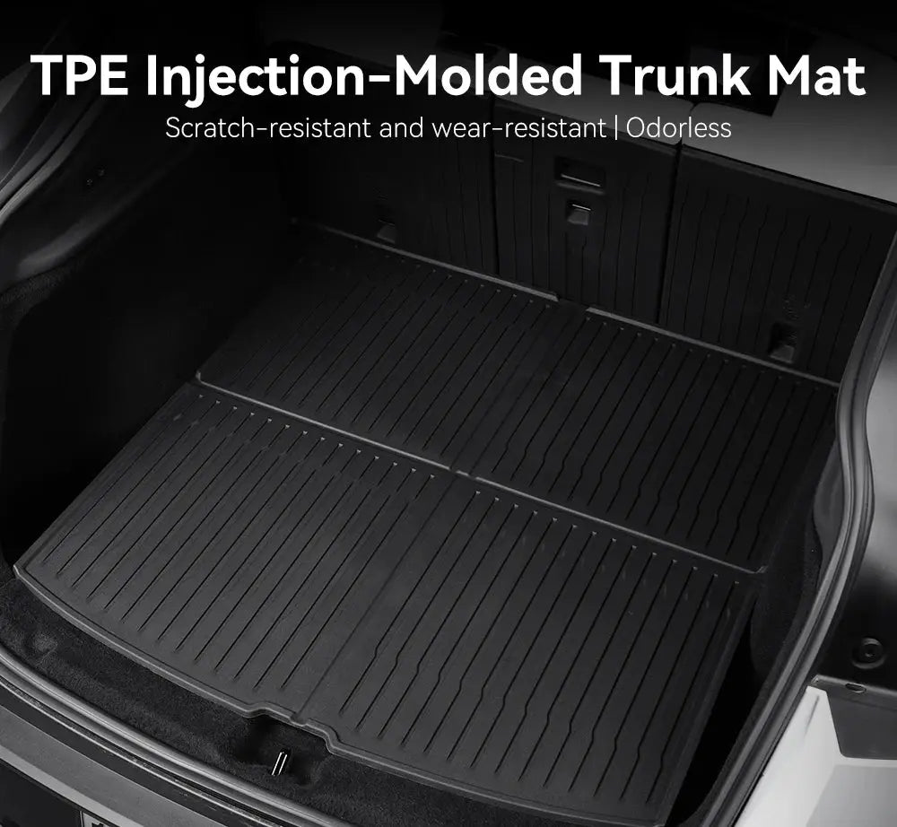 TPE trunk mat set for Tesla Model Y 2025–2026; black all-weather cargo mats