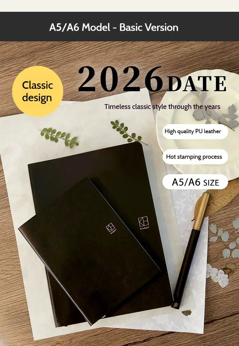 Kinbor notebook planners, two black PU leather A5/A6 planners for 2026, with a gold pen.