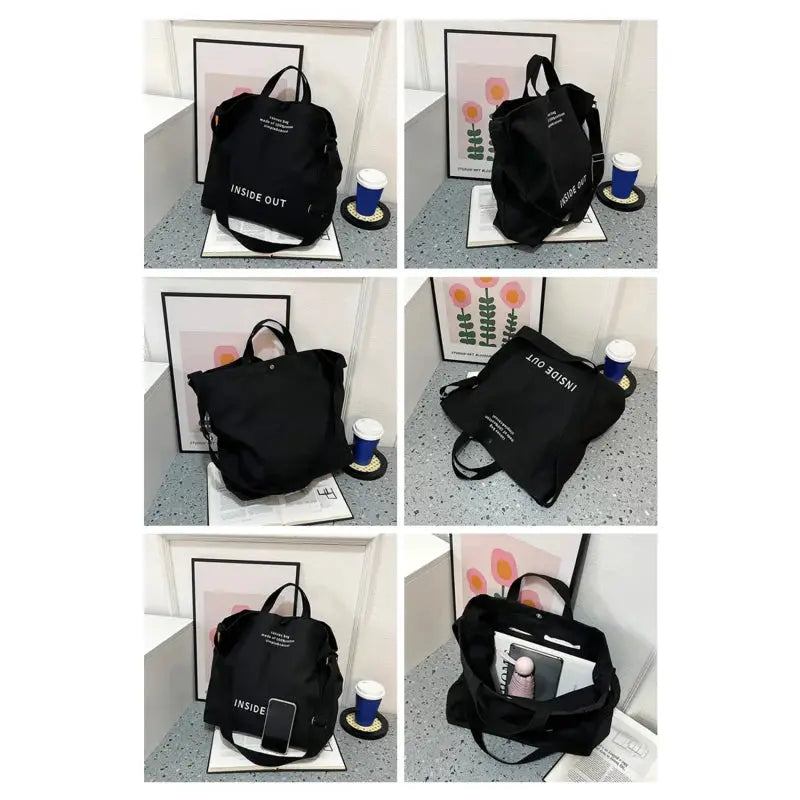 Black canvas cross-body bag with large capacity; dual handles and long strap, INSIDE OUT.