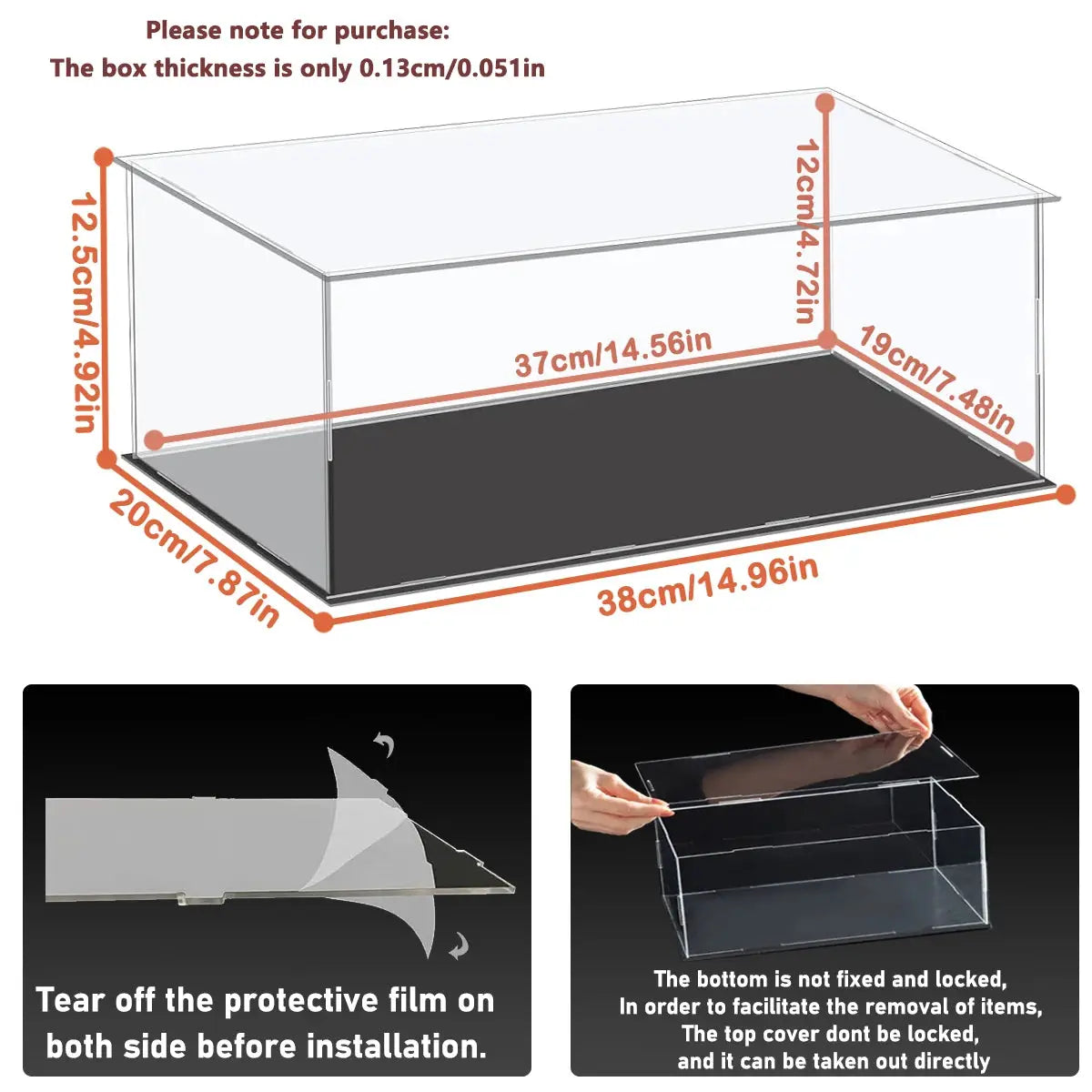 1 to 14 Scale Transparent Acrylic Display Box for Toy Cars and Small Collectibles 37x19x12 cm Inner Ring Size