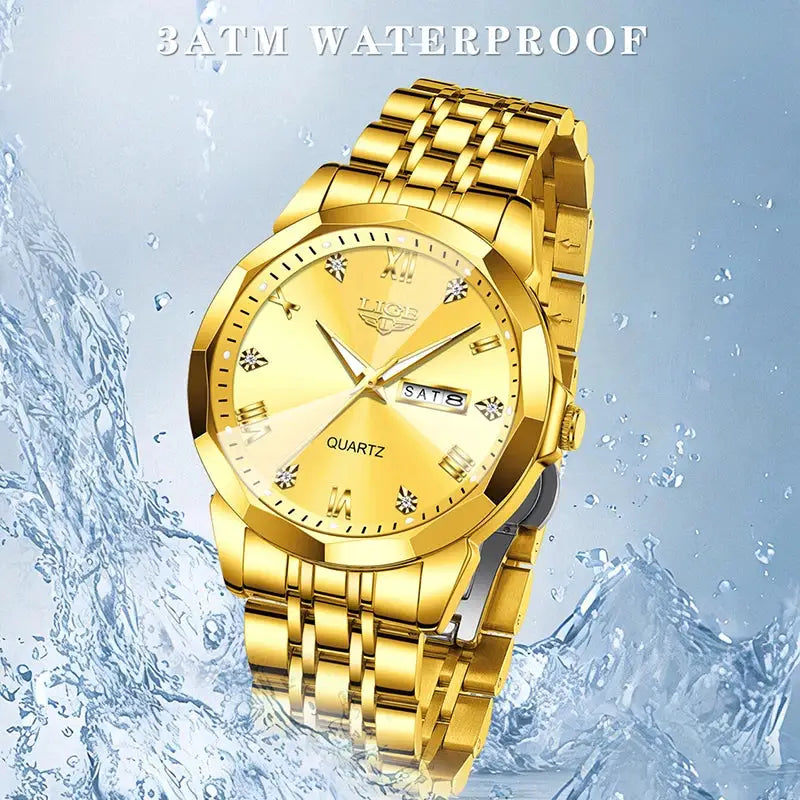 LIGE women's gold-tone quartz wristwatch with diamond markers, day/date window, 3ATM waterproof