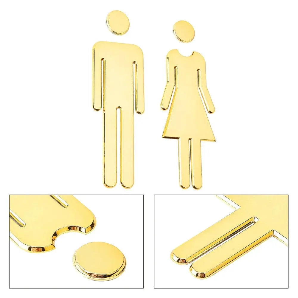 3D gold toilet door sign set with male and female figures and removable mounting hardware