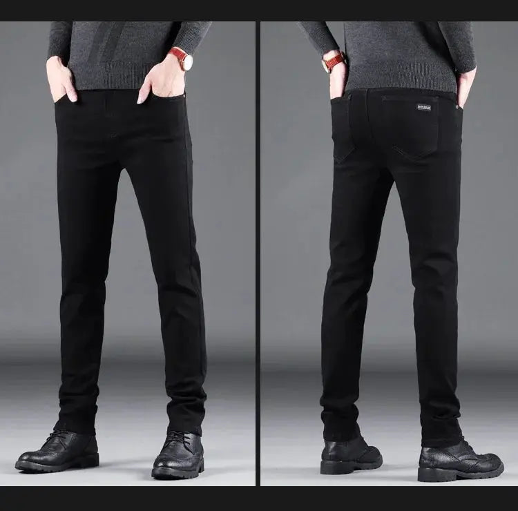 Men's black slim jeans with elastic straight fit, front and back views for casual business denim