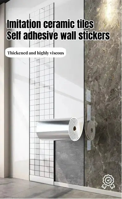 Marble-looking foam self-adhesive tile roll, waterproof wall sticker for bathroom and living rooms.