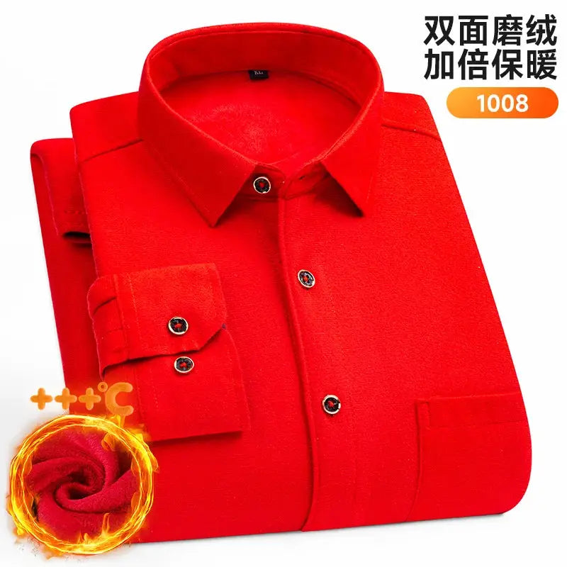 Men's red long-sleeve double-sided fleece shirt, thickened warm, Simples Market plus size 7XL-8XL