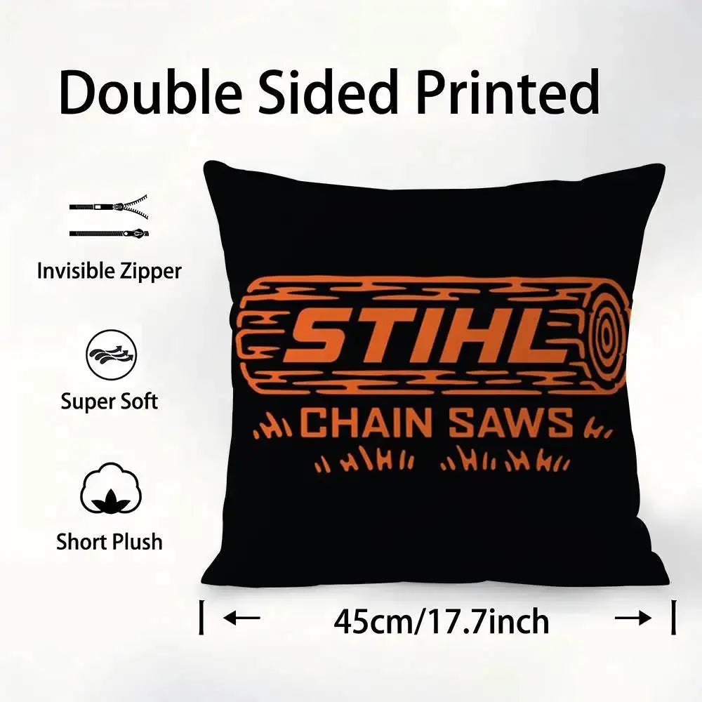 Simples Market S-STIHLs Chainsaw Logger pillow case, black with orange STIHL logo, double-sided print, soft plush