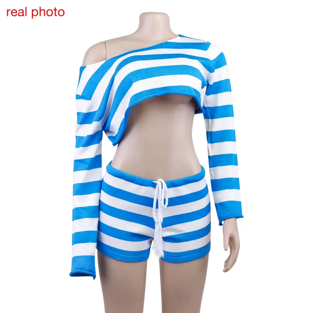 Striped Knit Two Piece Set Off Shoulder Top and Shorts Casual Fashion