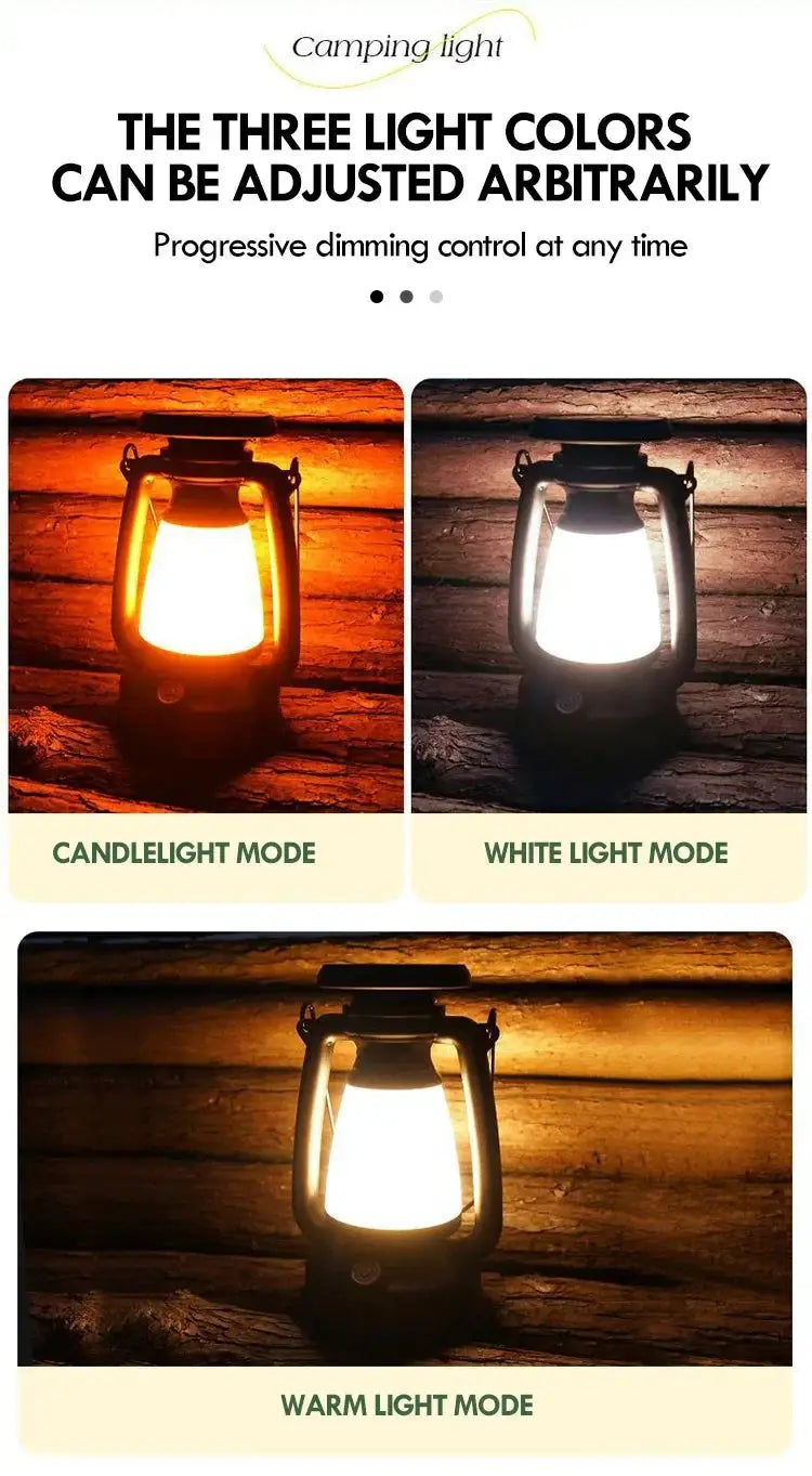 LED camping lantern with three adjustable light modes (candle, white, warm) on a wooden surface.