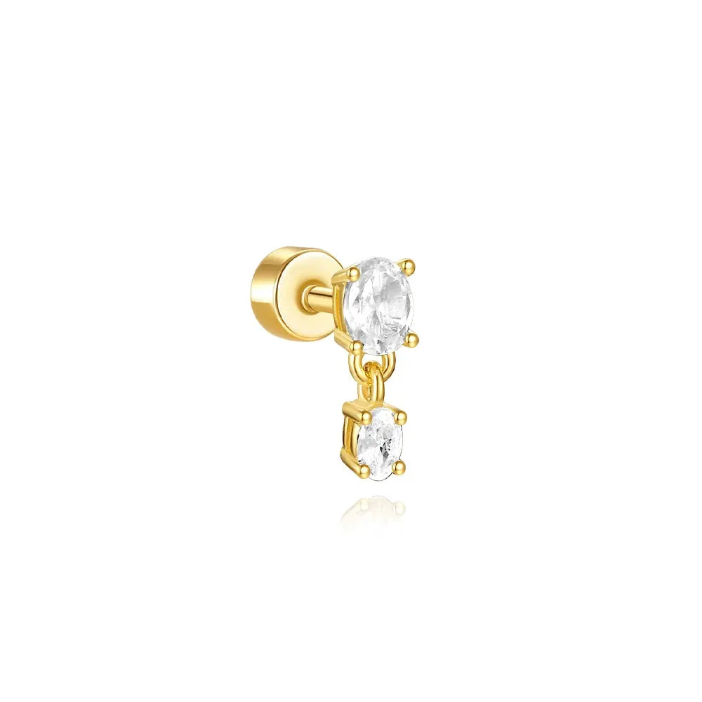 Gold-tone AIDE ear piercing earring with two dangling clear zircon stones