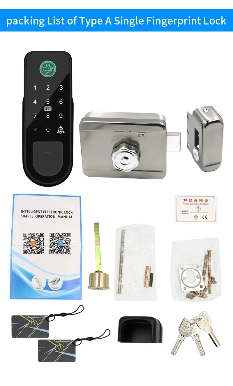 Smart fingerprint door lock kit by Simples Market; Tuya Bluetooth app compatible; includes strike plate, screws, keys.