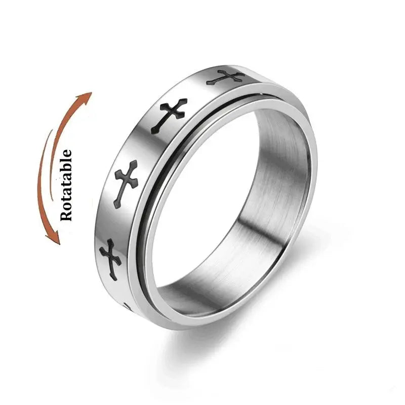 Anti-stress fidget spinner ring, stainless steel, rotatable band with cross motifs, unisex knuckle ring