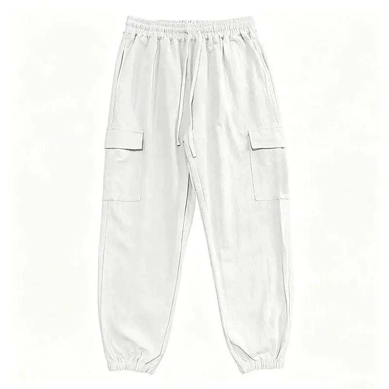 Men's Simples Market cotton-linen cargo jogger pants with elastic waist, drawstring and multiple pockets, light gray