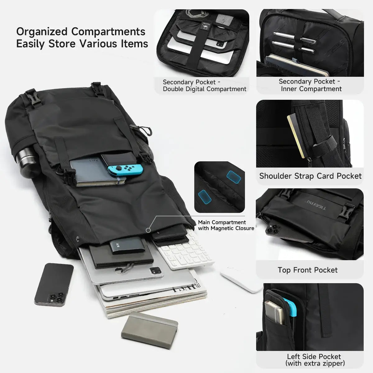 Tigernu travel backpack, black TPU waterproof, expandable main compartment with multiple pockets