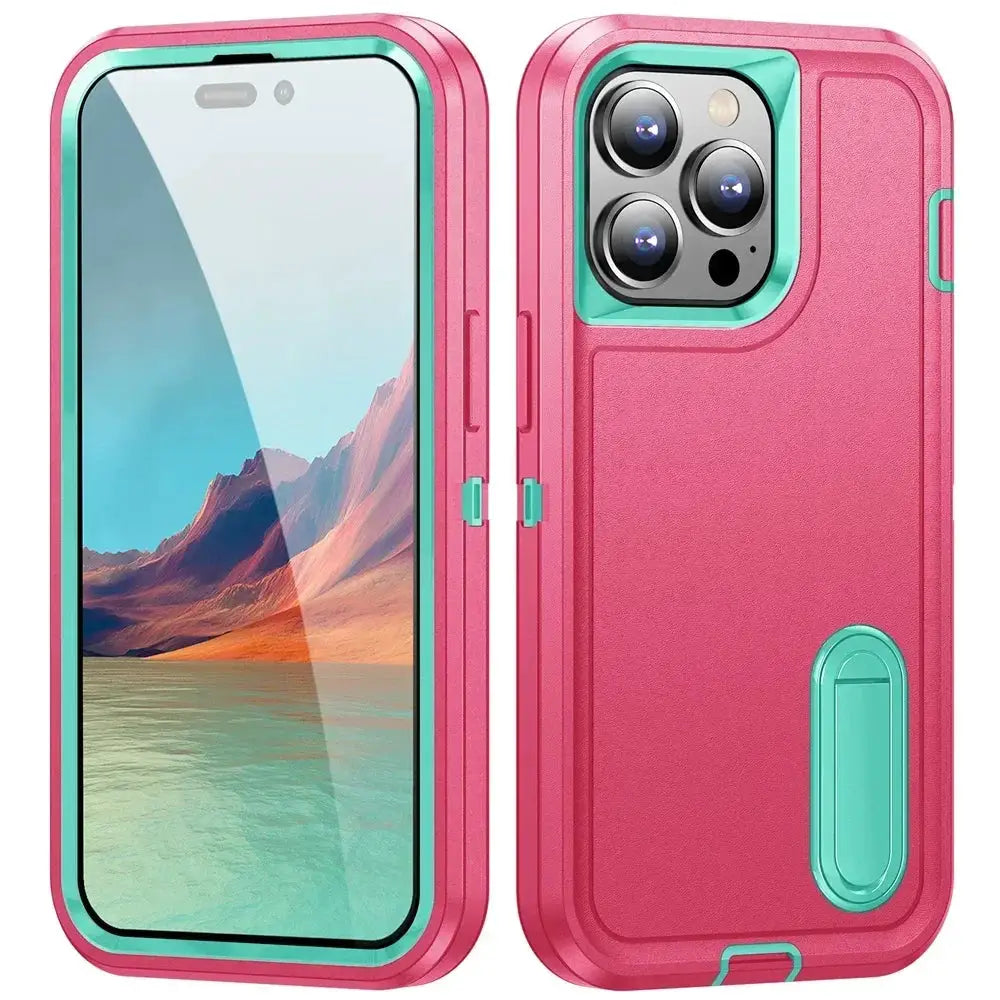 Simples Market pink rugged iPhone case with teal bumper and built-in kickstand; heavy-duty, anti-scratch.