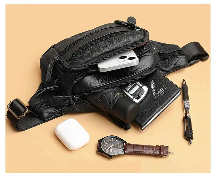 Black men's genuine leather fanny bag with multiple zipper pockets and phone pouch