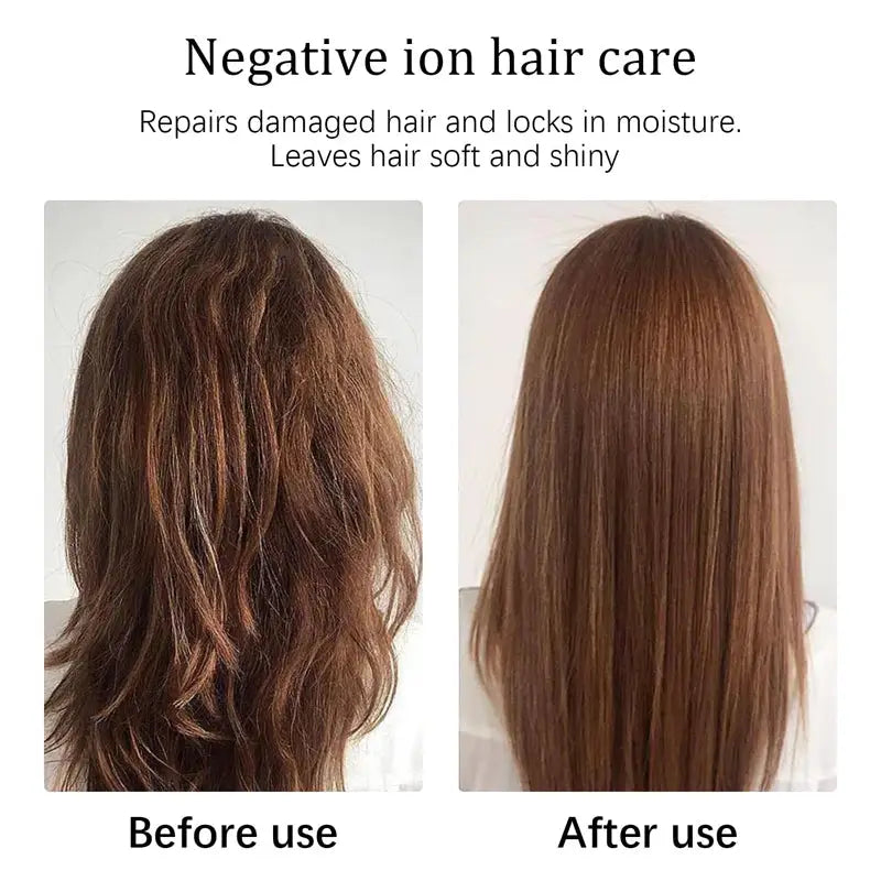 Simples Market negative ion hair care tool; before and after shows frizzy hair transformed to smooth, straight hair.