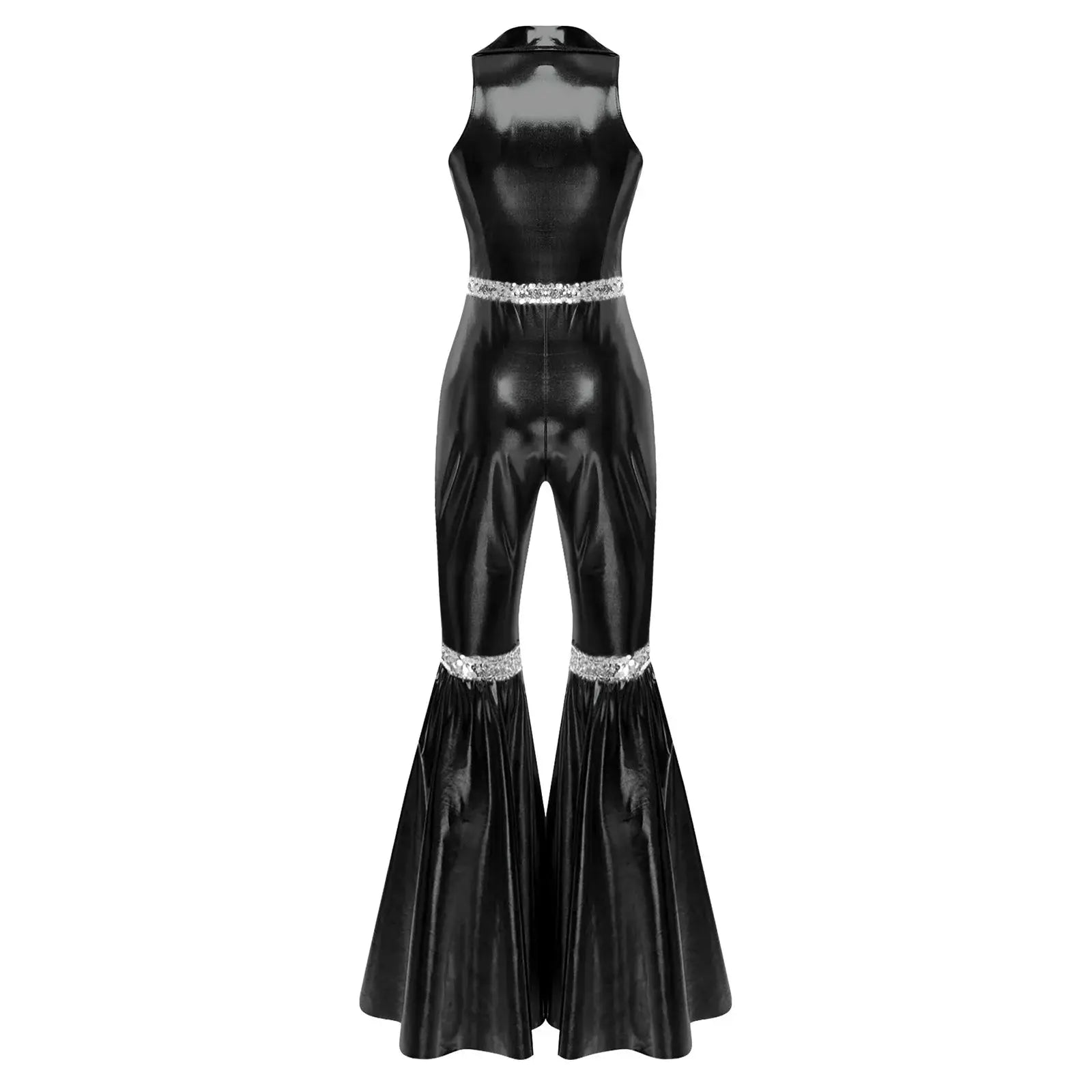 Women's black vinyl disco jumpsuit with rhinestone belt, sleeveless, bell-bottom pants