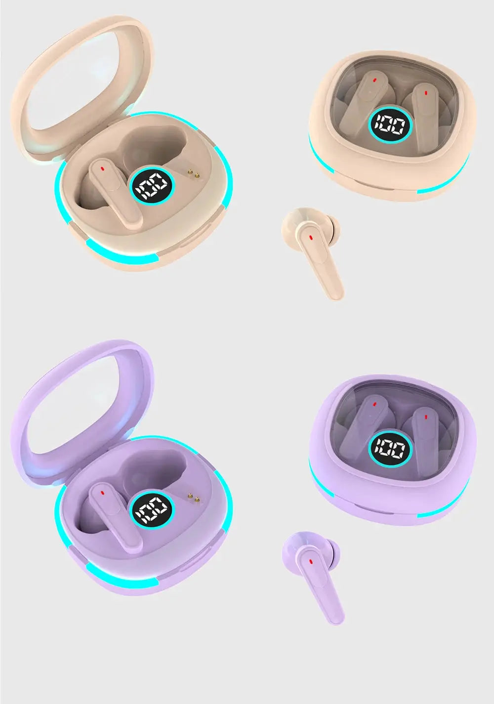 Plus50 ANC+ENC true wireless earphones with LED display and smart touch in peach and lavender charging cases