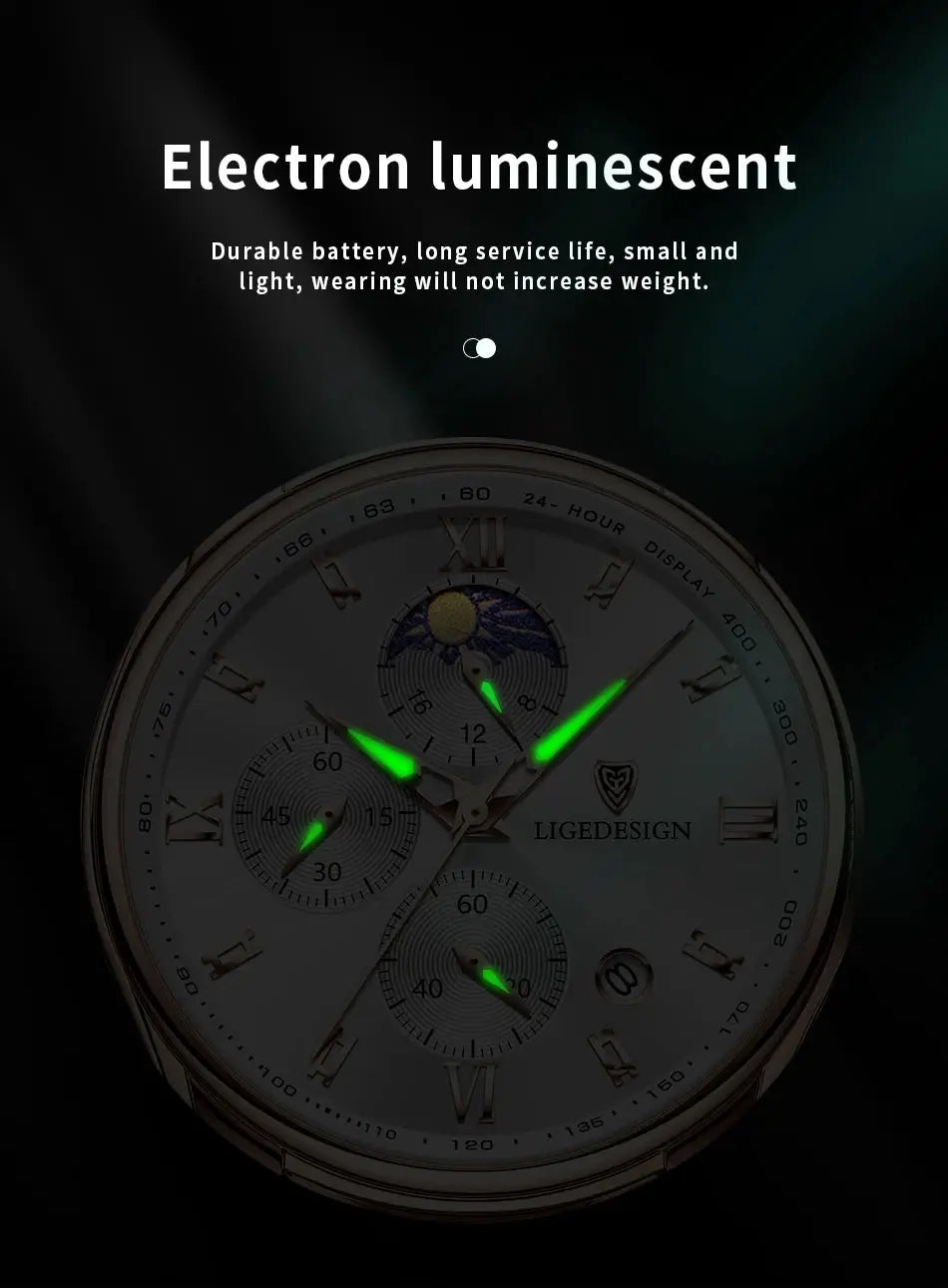 LIGEDESIGN men's wristwatch with luminous green hands, chronograph subdials, metal case