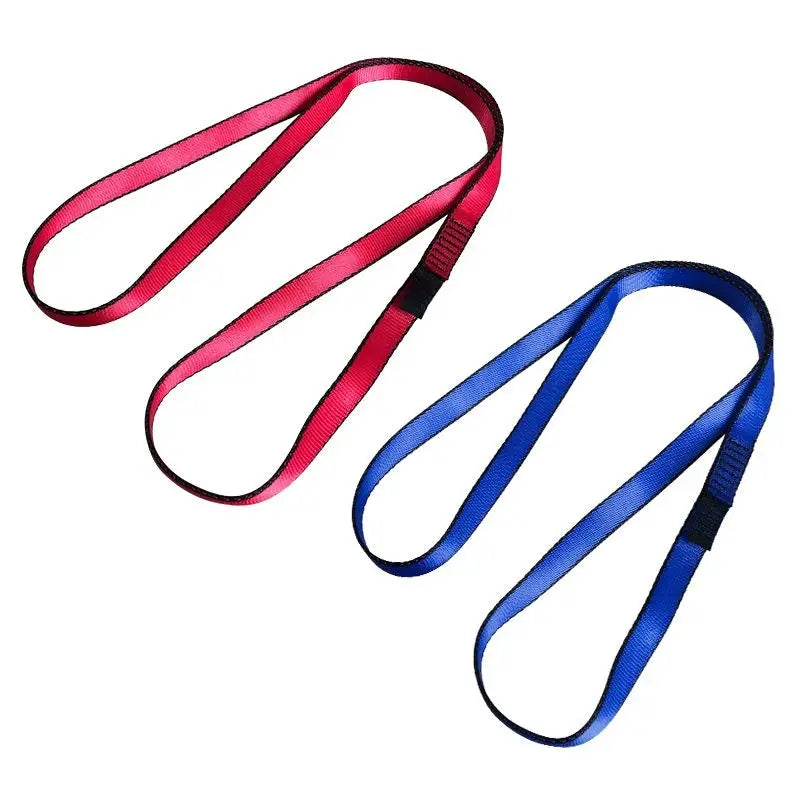 Two climbing sling runners in pink/red and blue, 22kN rock climbing webbing straps
