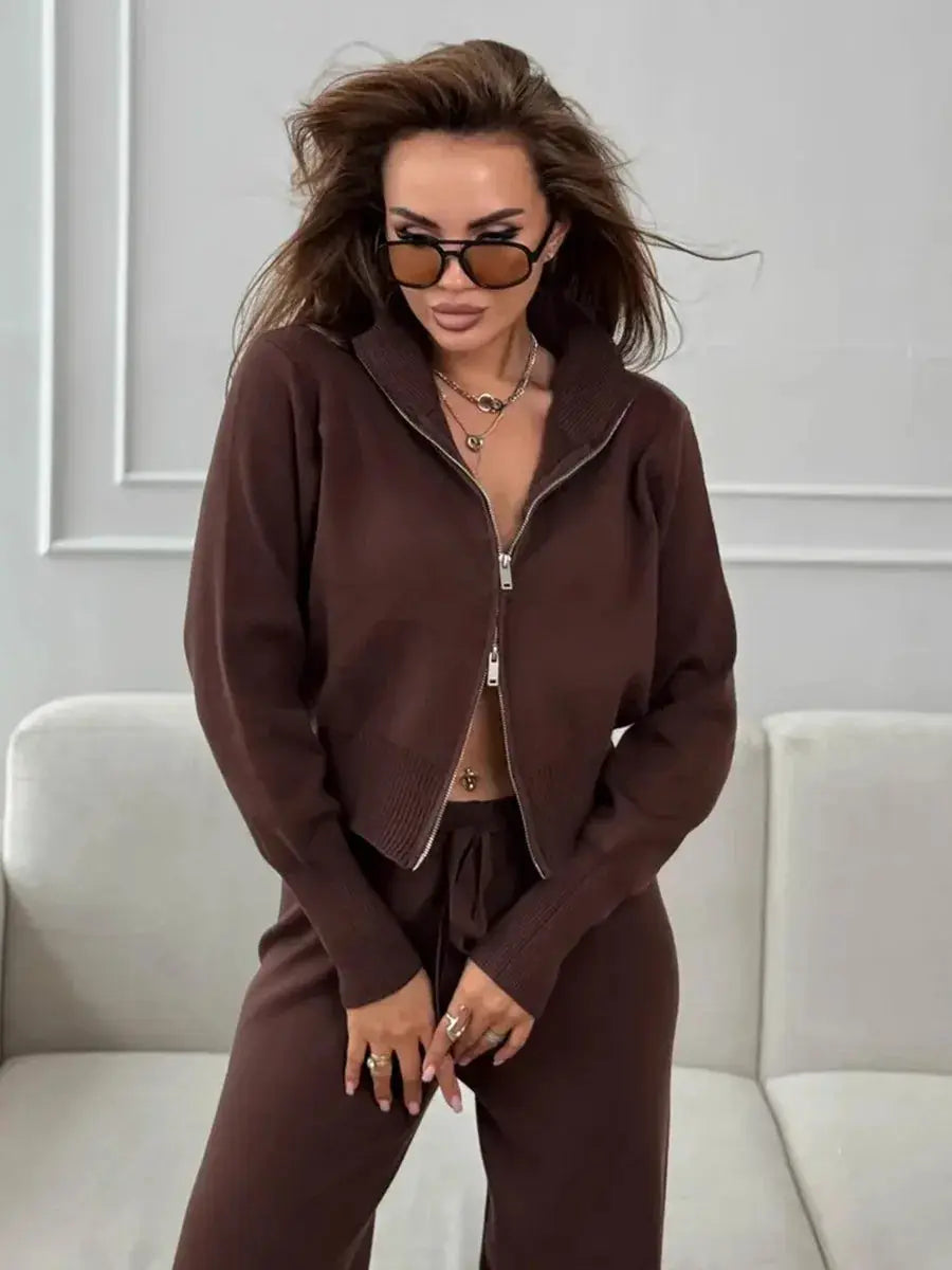 Bornladies Knit Zip Up Cropped Cardigan With Wide Leg Pants Set Women