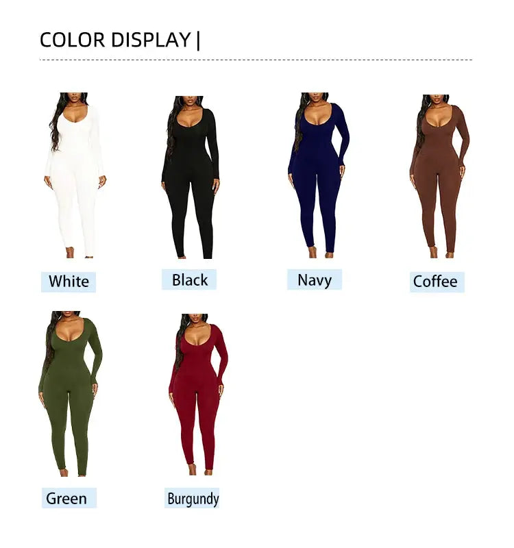 Simples Market women's long-sleeve skinny jumpsuit in six color options: White, Black, Navy, Coffee, Green, Burgundy