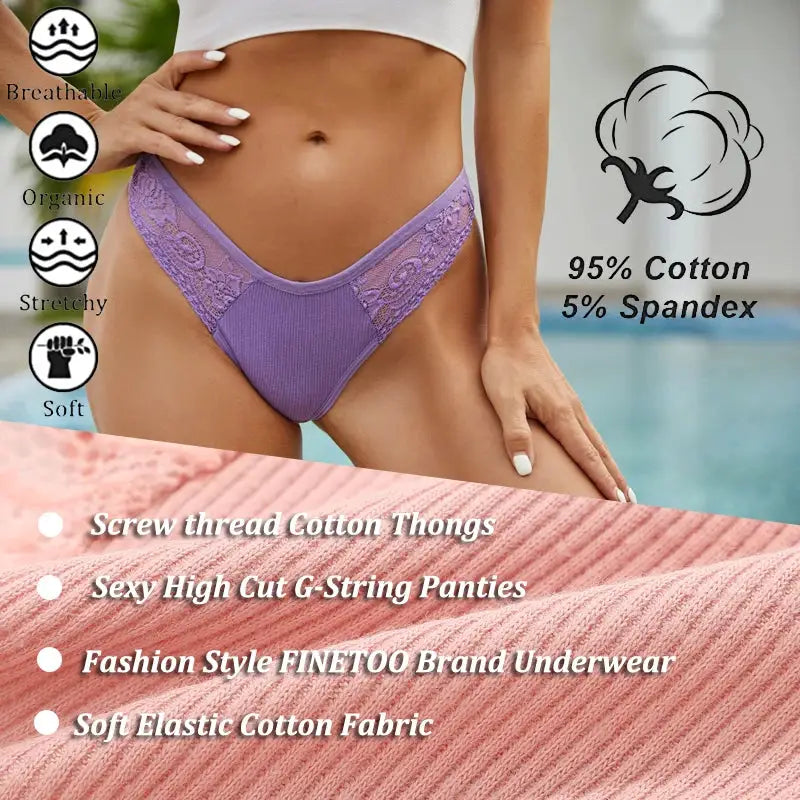 4-pack lavender cotton lace V-waist thong panties by Simples Market, breathable 95% cotton/5% spandex