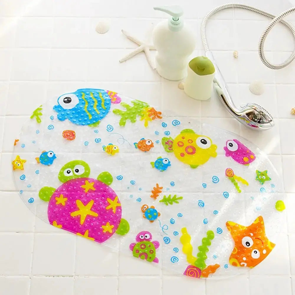 Soft cartoon PVC kids bath mat with suction cups; colorful sea-life design and anti-slip safety by Simples Market